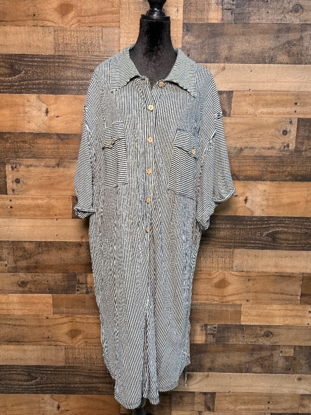 We the Free People Women's Black White Striped Button Down Dress Large TEP 127